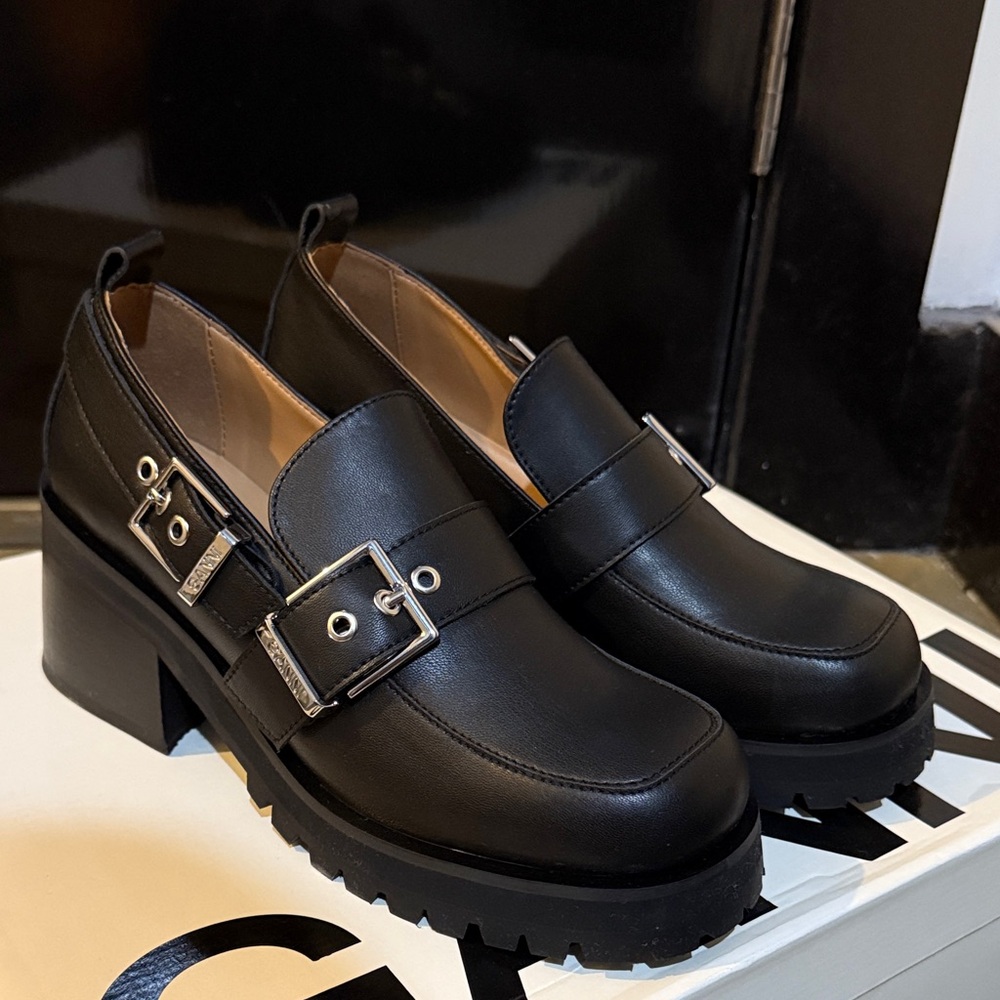 Ganni Black Leather Chunky Buckle Loafers